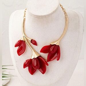 Red Floral Gold-Tone Statement Necklace